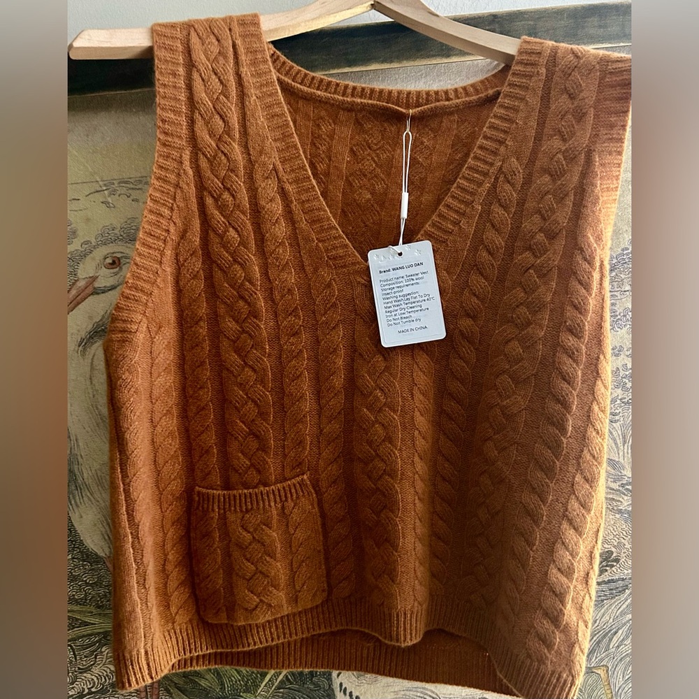 * New Cable Knit V-Neck Sweater Vest 100% Wool Rust *